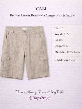 CAbi Brown Linen Bermuda Cargo Shorts Size 6 Lightweight Summer